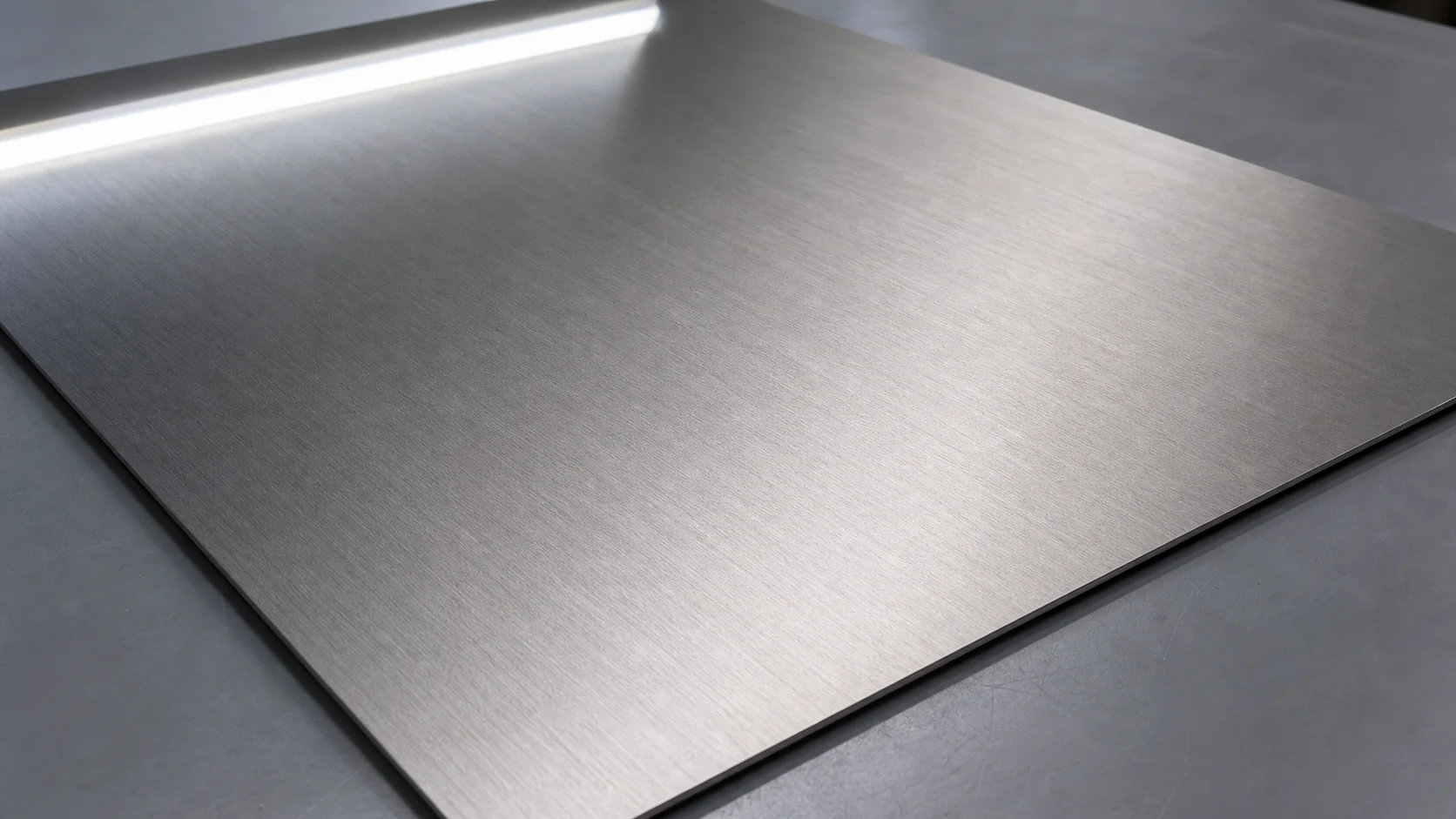 Chapa de titanio con superficie satinada uniforme bajo luz de inspección neutra
